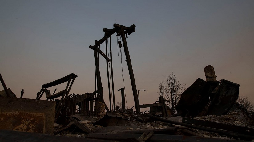Gym equipment still stands in the garage area amid the charred remains of a home in Santa Rosa, CA, on Oct. 13, 2017, after it was leveled by the Tubbs fire.