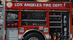 Engine 27 of the Los Angeles City Fire Department carries an assortment of appliances and hand tools. Note the two breathing apparatus carried in the left-side rearmost compartment. Engine 27 of the Los Angeles City Fire Department carries an assortment of appliances and hand tools. Note the two breathing apparatus carried in the left-side rearmost compartment.