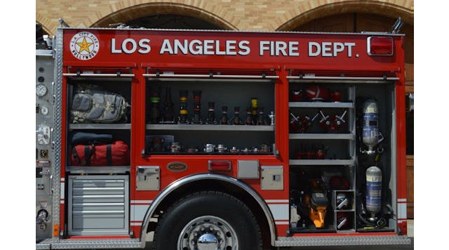 Engine 27 of the Los Angeles City Fire Department carries an assortment of appliances and hand tools. Note the two breathing apparatus carried in the left-side rearmost compartment.
