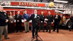 Gov. Larry Hogan pushed for tax breaks on retirement benefits for Maryland firefighters during a visit to Eastport Fire Company in Annapolis.