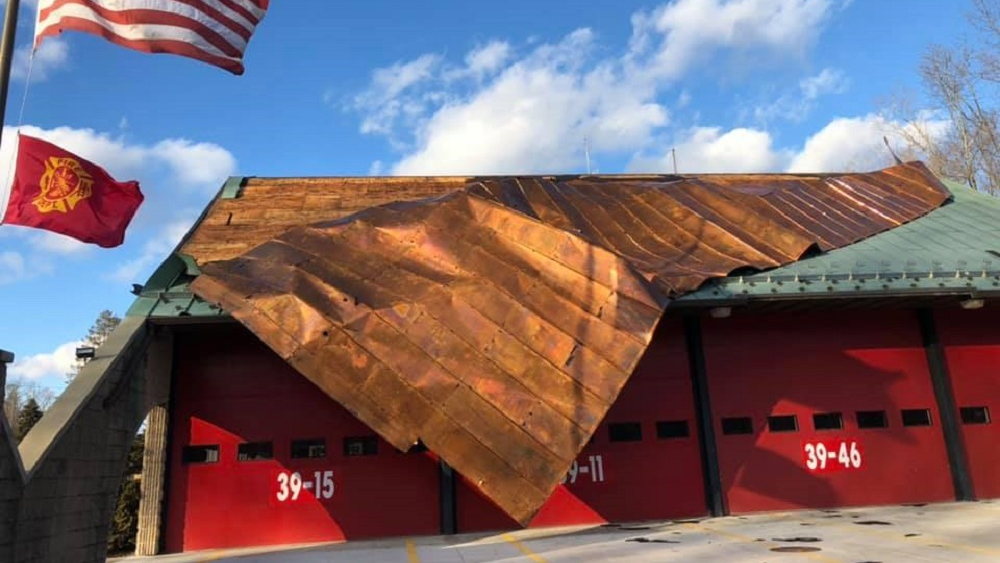 High winds blew off the roof of the Hopewell, NY, Hose Fire Company No. 1