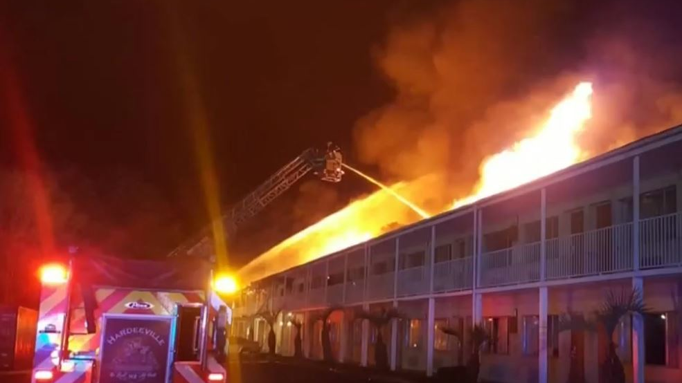 A firefighter and several other people were hurt in a fire Sunday at a Hardeeville, SC, motel.