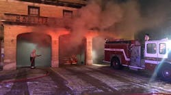 An apparatus caught fire in a station of the Mansfield, MA, Fire Department early Wednesday, injuring two firefighters.