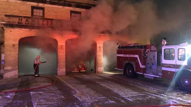 An apparatus caught fire in a station of the Mansfield, MA, Fire Department early Wednesday, injuring two firefighters.