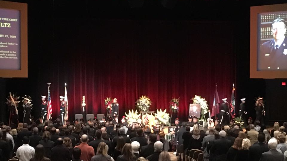 Mourners, including several hundred from fire departments around Southern California, attended the memorial service for Garden Grove Fire Chief Tom Schultz, who died only weeks after he was diagnosed with stage 4 pancreatic and liver cancer.