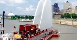 The department&rsquo;s 120-foot fire barge is retrofitted with fire suppression pumps and equipment to combat fires on the Mississippi River and on-shore facilities in and around the Port of Memphis and President&rsquo;s Island.