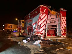 A tractor-trailer struck the rear driver’s side of Dix Hills Heavy Rescue Engine 2-8-7, then jackknifed and came back into the safety zone area, striking the back of a highway patrol car on scene. A tractor-trailer struck the rear driver’s side of Dix Hills Heavy Rescue Engine 2-8-7, then jackknifed and came back into the safety zone area, striking the back of a highway patrol car on scene.
