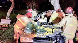 Fort Lauderdale, FL, firefighters cut out a driver from the wreckage of her car following an accident early Saturday.