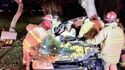 Fort Lauderdale, FL, firefighters cut out a driver from the wreckage of her car following an accident early Saturday.