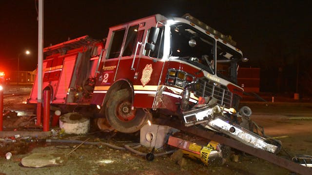 Four firefighters suffered minor injuries in a head-on accident Sunday. The driver of the car that hit the apparatus was charged with operating while intoxicated.