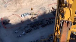 Clark County, NV, firefighters rescued an injured worker who was hurt 59 stories up at the Resort World construction site in Las Vegas on Monday. Clark County, NV, firefighters rescued an injured worker who was hurt 59 stories up at the Resort World construction site in Las Vegas on Monday.