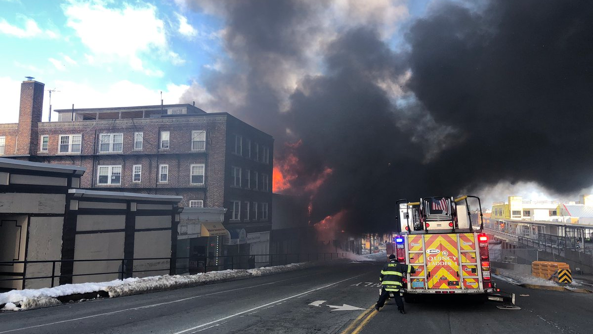 Firefighters from multiple departments responded to a five-alarm blaze involving several buildings in Quincy on Tuesday morning.