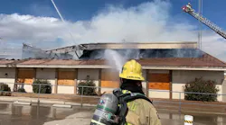 Three San Bernardino County, CA, firefighters were hurt battling a two-alarm fire Tuesday at a vacant sheriff's station in Hesperia.