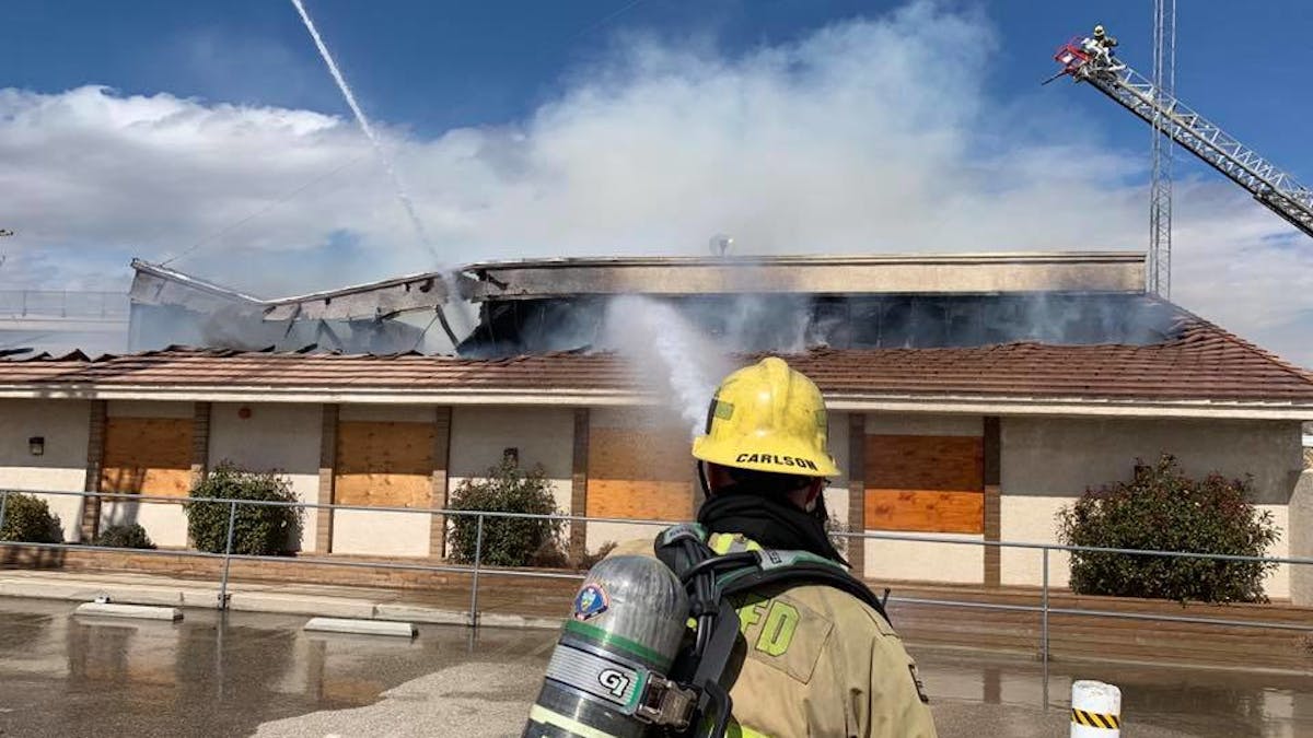 Three San Bernardino County, CA, firefighters were hurt battling a two-alarm fire Tuesday at a vacant sheriff&apos;s station in Hesperia.