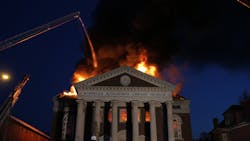 Firefighters battled a four-alarm blaze at St. Louis’ Karpeles Manuscript Library Museum on Tuesday. Firefighters battled a four-alarm blaze at St. Louis’ Karpeles Manuscript Library Museum on Tuesday.