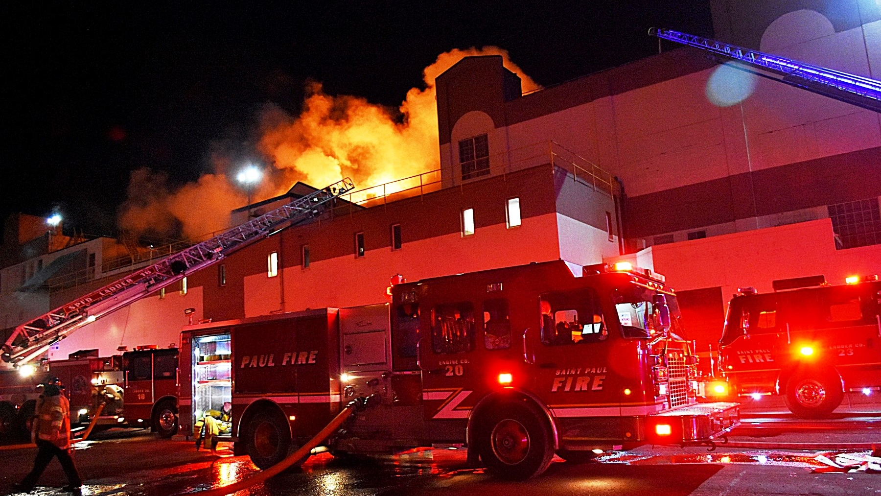 More than 60 St. Paul, MN, firefighters battled a blaze at a recycling center earlier Thursday.