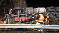 Westport and Fairfield firefighters rescued a truck driver who was trapped in his overturned tractor-trailer Thursday. Westport and Fairfield firefighters rescued a truck driver who was trapped in his overturned tractor-trailer Thursday.