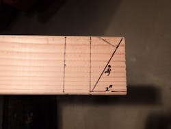 Figure 10: To mark out a 30-degree raker, the remaining space between the two marked lines will be 2 inches, so you just need to draw a diagonal from corner to corner in the desired direction of the raker angle Figure 10: To mark out a 30-degree raker, the remaining space between the two marked lines will be 2 inches, so you just need to draw a diagonal from corner to corner in the desired direction of the raker angle
