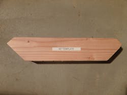 Figure 12: To make the template for a 45-degree raker, cut the 45 degrees on both ends of the material that is used and also make the return cuts. The length of the template from point to point should be 17 inches.