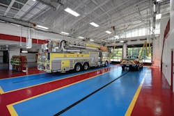The modern apparatus bay is a clean, unobstructed launching pad for emergency response. The modern apparatus bay is a clean, unobstructed launching pad for emergency response.