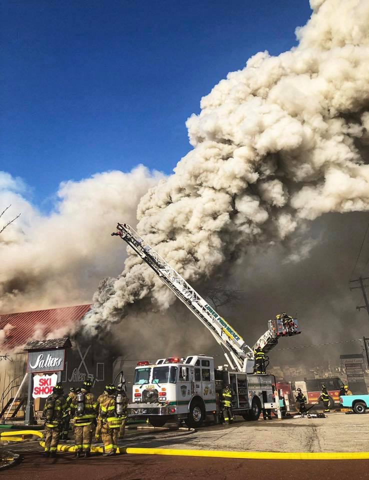 The fire was reported in a ski shop that was part of a complex multi-story structure.