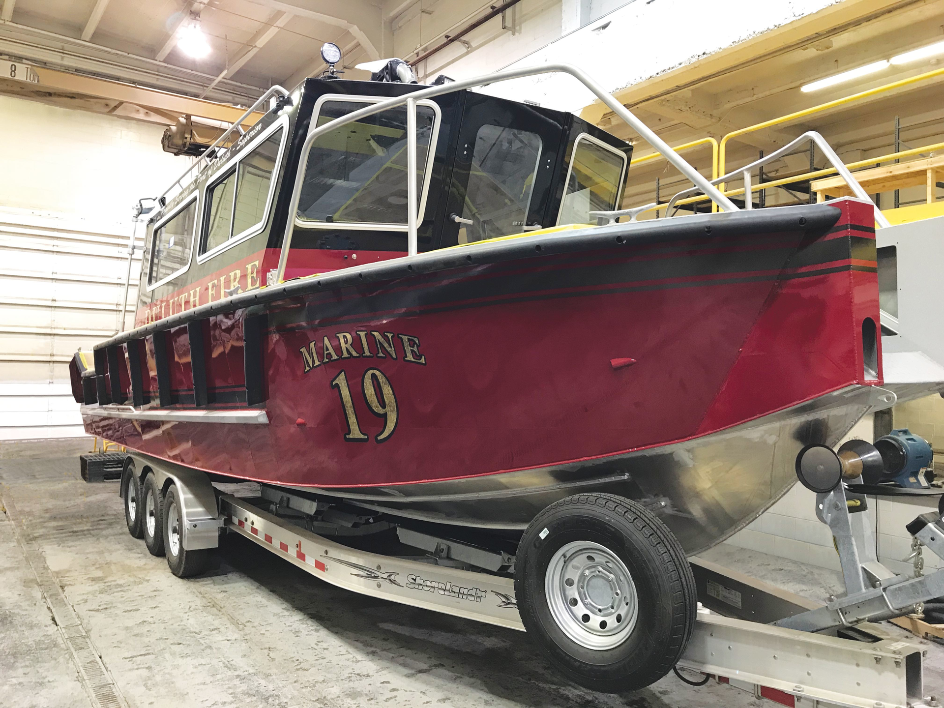 The Duluth Fire Department&rsquo;s 32-foot V-hull fire and rescue craft, named Marine 19, will be featured at the Lake Assault Boats booth #9133 at the Fire Department Instructors Conference (FDIC) Exhibition. The craft is shown here in final preparation for its journey to Indianapolis.