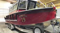 The Duluth Fire Department’s 32-foot V-hull fire and rescue craft, named Marine 19, will be featured at the Lake Assault Boats booth #9133 at the Fire Department Instructors Conference (FDIC) Exhibition. The craft is shown here in final preparation for its journey to Indianapolis.