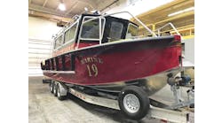 The Duluth Fire Department&rsquo;s 32-foot V-hull fire and rescue craft, named Marine 19, will be featured at the Lake Assault Boats booth #9133 at the Fire Department Instructors Conference (FDIC) Exhibition. The craft is shown here in final preparation for its journey to Indianapolis.