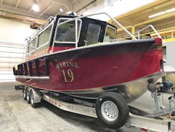 The Duluth Fire Department’s 32-foot V-hull fire and rescue craft, named Marine 19, will be featured at the Lake Assault Boats booth #9133 at the Fire Department Instructors Conference (FDIC) Exhibition. The craft is shown here in final preparation for its journey to Indianapolis. The Duluth Fire Department’s 32-foot V-hull fire and rescue craft, named Marine 19, will be featured at the Lake Assault Boats booth #9133 at the Fire Department Instructors Conference (FDIC) Exhibition. The craft is shown here in final preparation for its journey to Indianapolis.