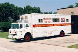 The first hazmat unit was a 1973 Grumman-Cortex previously used as a Navy recruiting van. The first hazmat unit was a 1973 Grumman-Cortex previously used as a Navy recruiting van.