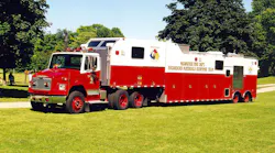 Hazmat 1 is a 1997 Freightliner tractor with a Marion trailer heavy-duty rescue body.