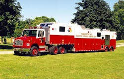 Hazmat 1 is a 1997 Freightliner tractor with a Marion trailer heavy-duty rescue body.