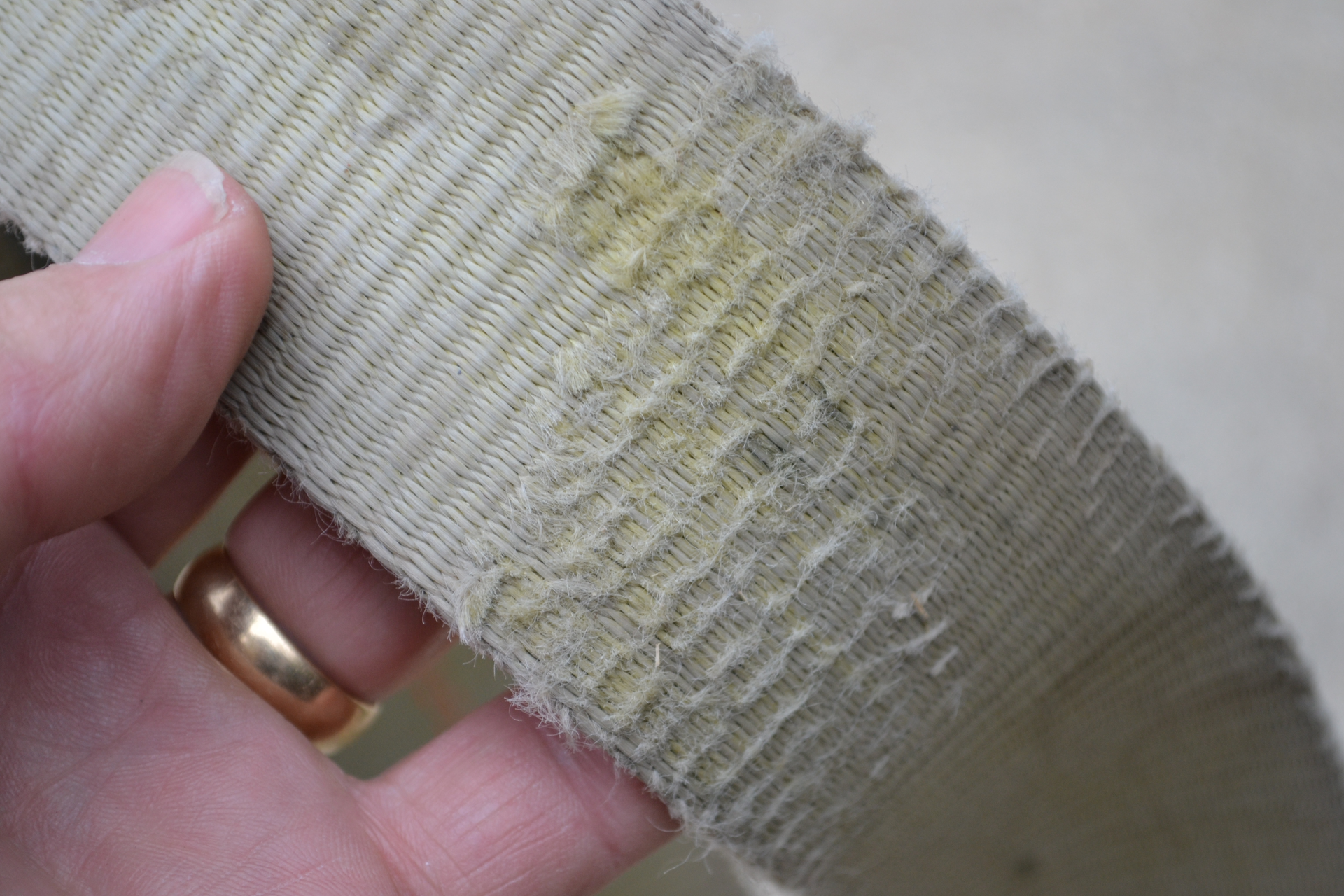 The used ratchet tie-down webbing showed signs of seemingly minor abrasions at one spot, meaning something incurred at some point during its 3 years of in-service life. Photos by Ron Moore