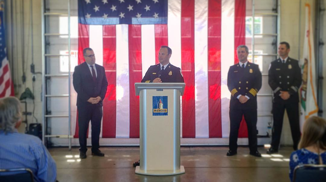 New Merced, CA, Fire Chief Billy Alcorn was sworn in Thursday before a crowd of more than 100 people.