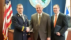 New Chicopee, MA, Fire Chief Daniel Stamborski&mdash;seen here with Mayor Richard J. Kos (center) and City Clerk Keith W. Rattell&mdash;was sworn in to office on Monday. Here he is with .
