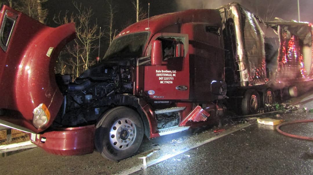 Flames destroyed a tractor-trailer carrying Coca-Cola products Monday morning in Kennebunk.