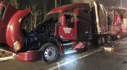 Flames destroyed a tractor-trailer carrying Coca-Cola products Monday morning in Kennebunk.
