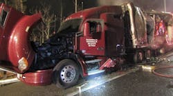 Flames destroyed a tractor-trailer carrying Coca-Cola products Monday morning in Kennebunk. Flames destroyed a tractor-trailer carrying Coca-Cola products Monday morning in Kennebunk.