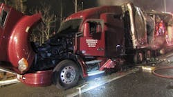 Flames destroyed a tractor-trailer carrying Coca-Cola products Monday morning in Kennebunk.