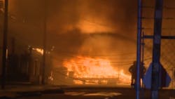 Stockton, CA, firefighters battled a six-alarm fire Tuesday that caused millions in damage and had thousands without power. Stockton, CA, firefighters battled a six-alarm fire Tuesday that caused millions in damage and had thousands without power.