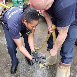DeKalb County, GA, firefighters gave squirrel a bath after rescuing the creature during an apartment fire Tuesday. DeKalb County, GA, firefighters gave squirrel a bath after rescuing the creature during an apartment fire Tuesday.
