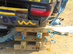 Crib stacks need to be axially loaded; when they are off-center, they become very unstable. Crib stacks need to be axially loaded; when they are off-center, they become very unstable.