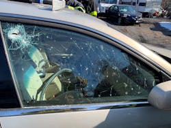 This side window was found to be EPG after numerous attempts with a center punch. The break in the top corner was done with a pick-head axe. This side window was found to be EPG after numerous attempts with a center punch. The break in the top corner was done with a pick-head axe.