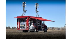 Elevation of scene lighting is often advantageous to avoid glare and to illuminate topographical contours. Santa Fe Springs, CA, Fire Department&apos;s air and light apparatus features two Command Light towers.