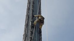 Gwinnett County, GA, firefighters rescued an injured worker who was dangling 100 feet above the ground on a cell tower. Gwinnett County, GA, firefighters rescued an injured worker who was dangling 100 feet above the ground on a cell tower.