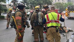 Eighty-two New Orleans firefighters battled a four-alarm fire at a downtown hotel Sunday night. Eighty-two New Orleans firefighters battled a four-alarm fire at a downtown hotel Sunday night.
