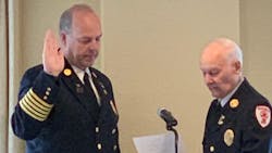 Needham, MA, Fire Chief Dennis Condon (left) is sworn in Tuesday as the new president of the Fire Chiefs Association of Massachusetts. Needham, MA, Fire Chief Dennis Condon (left) is sworn in Tuesday as the new president of the Fire Chiefs Association of Massachusetts.