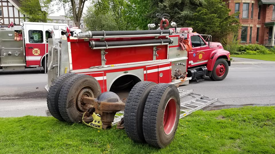 An Ogdensburg, NY, fire apparatus lost its rear axle while responding to the scene of a meth lab Thursday.