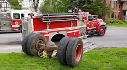 An Ogdensburg, NY, fire apparatus lost its rear axle while responding to the scene of a meth lab Thursday.