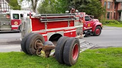 An Ogdensburg, NY, fire apparatus lost its rear axle while responding to the scene of a meth lab Thursday.
